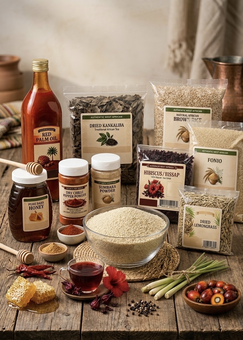 West African ingredients: red palm oil, hibiscus, fonio, honey, lemongrass and chili